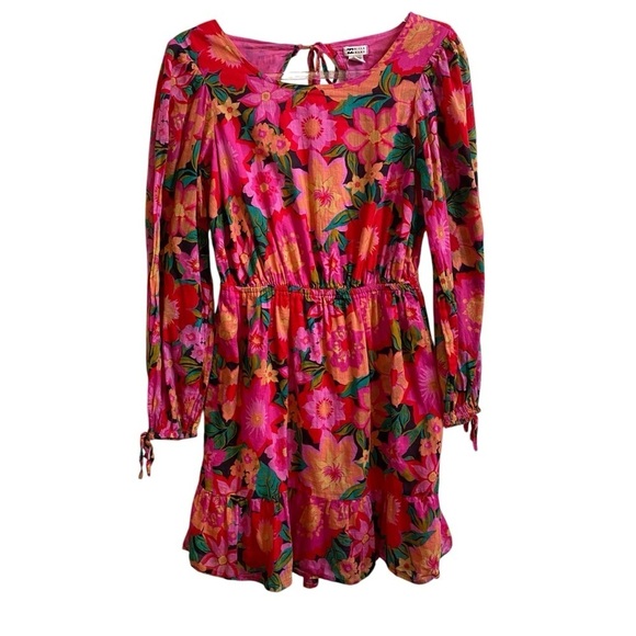 Billabong Heaven Sent Floral Long Sleeve Open Back Mini Dress SZ M - Picture 4 of 11